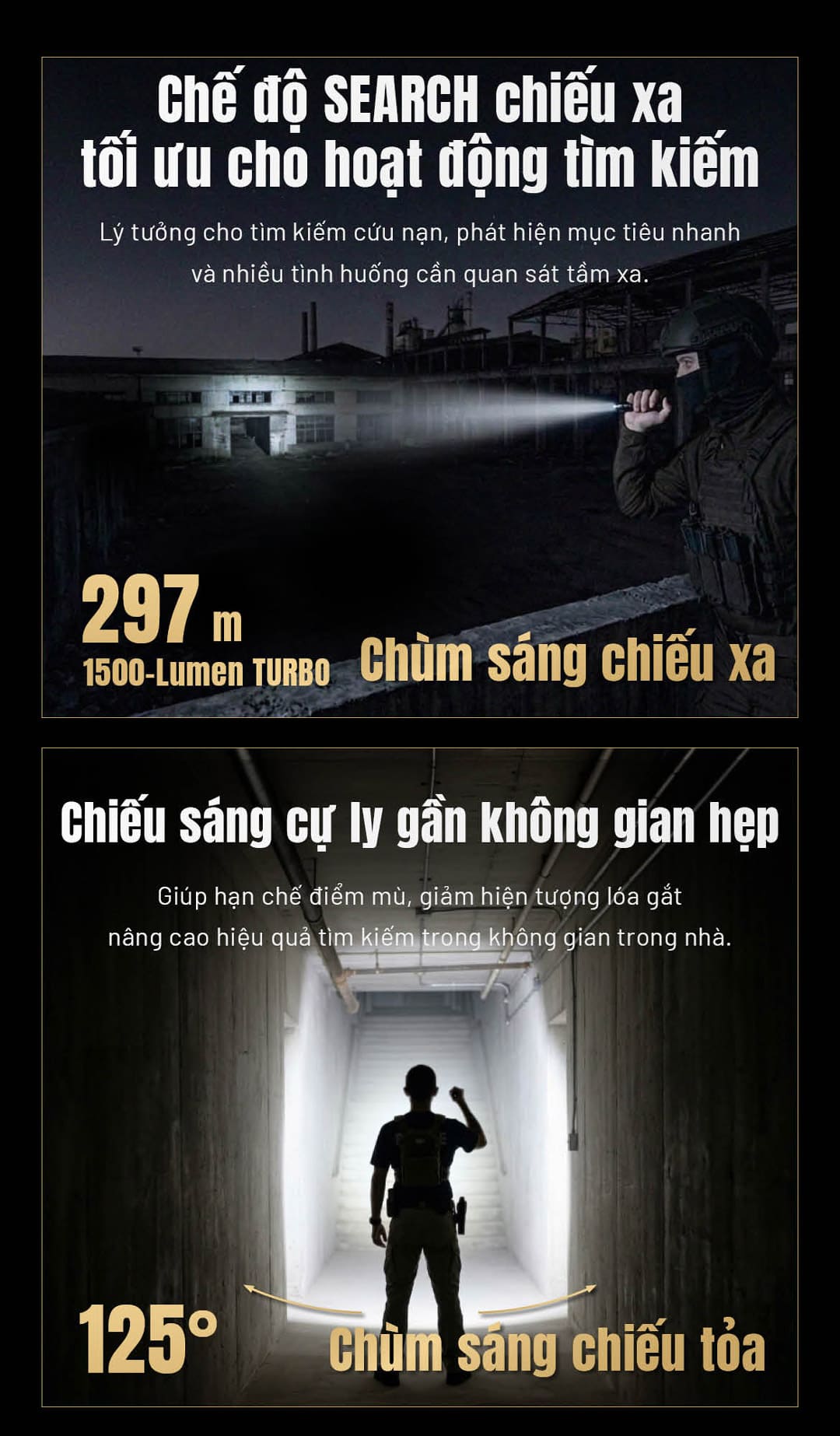 khả năng chiếu xa của chùm SEARCH trên P17iX với tầm chiếu 297m ở mức Turbo 1500 lumen, phù hợp cho tìm kiếm cứu nạn và quan sát ngoài trời.