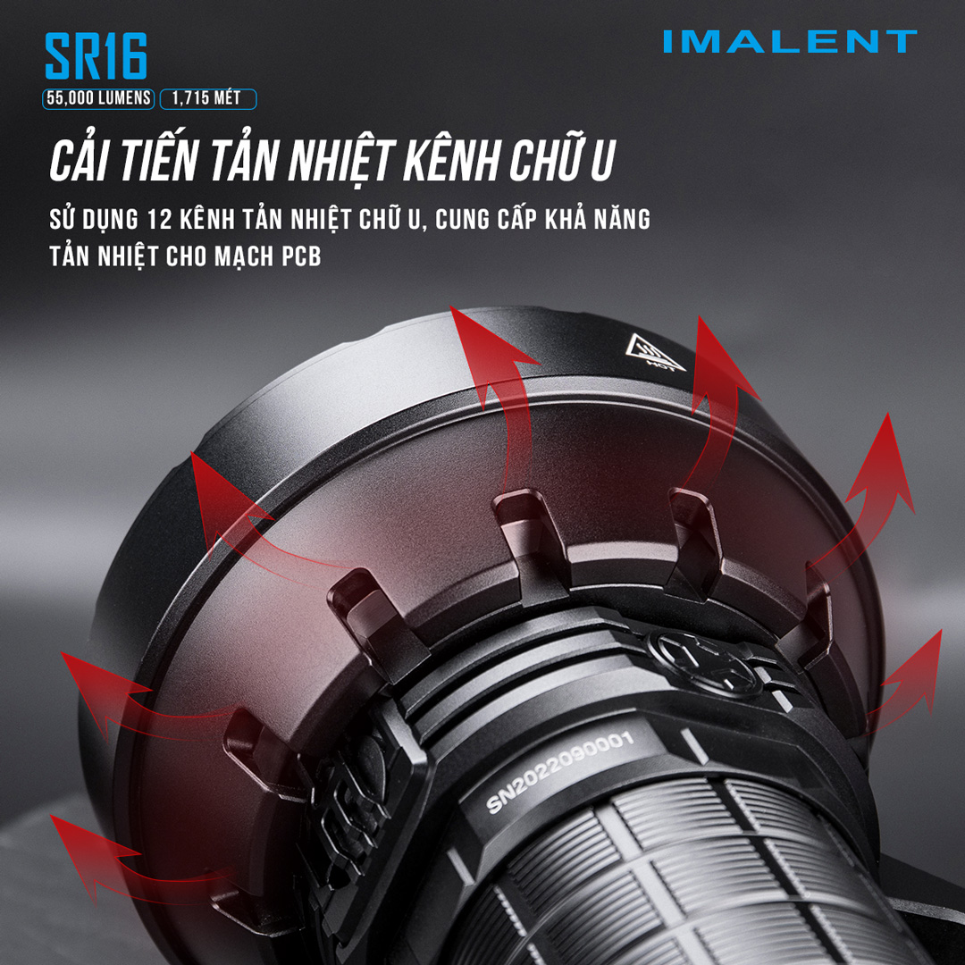 Đèn pin siêu sáng IMALENT SR16 sáng 55.000 lumen chiếu xa 1715m pack 4 pin 21700 tổng 16.000mAh sạc DC
