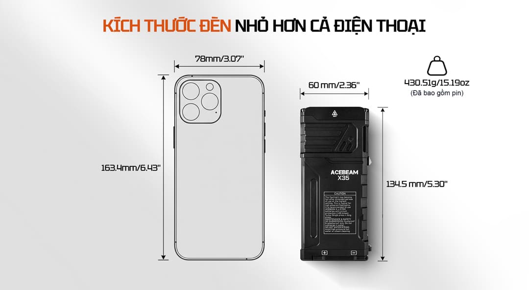 So sánh kích thước với điện thoại cho thấy X35 có thiết kế gọn gàng, chỉ 134.5 × 60 × 34 mm, trọng lượng 430.5 g (đã gồm pin), thuận tiện mang theo khi làm việc và hoạt động ngoài trời.
