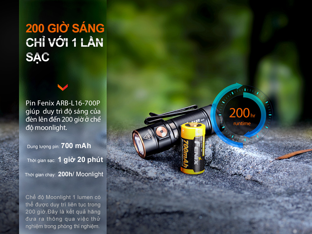 fenix e18r v2.0 sử dụng được 200 giờ chỉ với 1 lần sạc