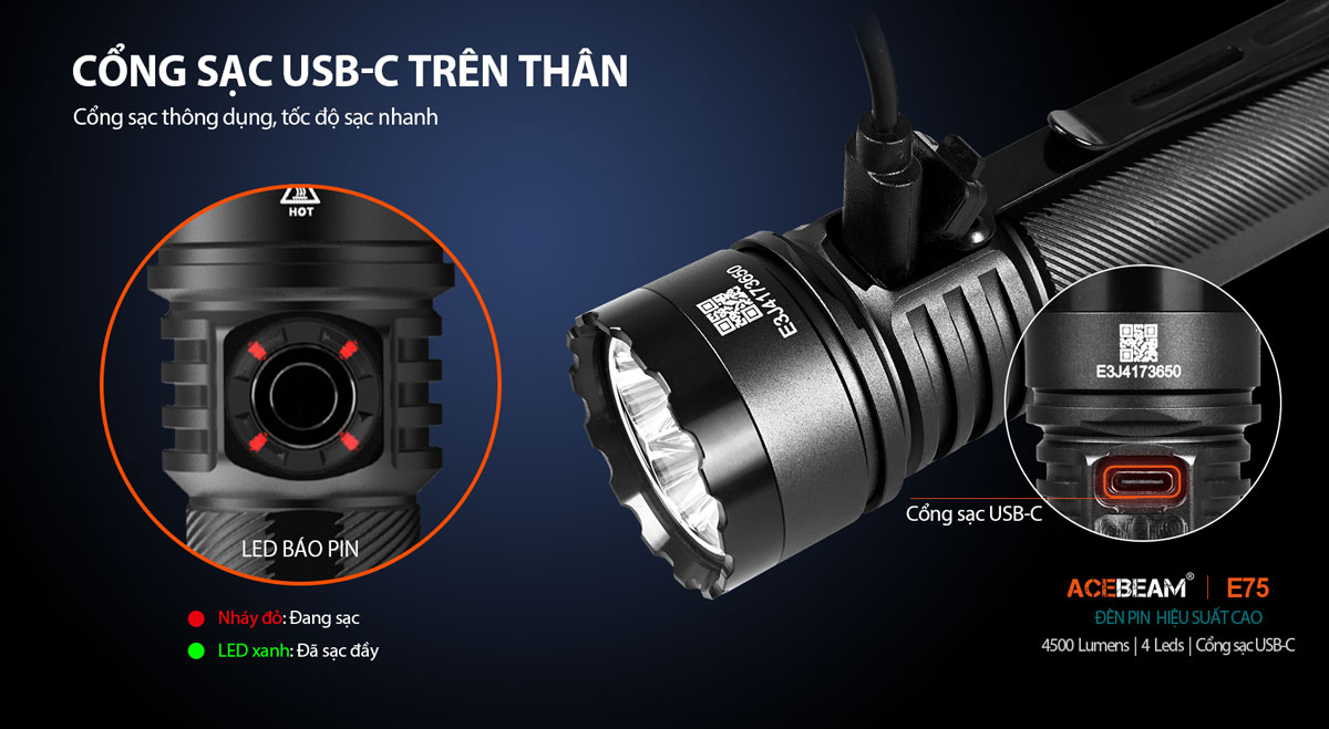 Đèn pin ACEBEAM E75 độ sáng 4500 lumen chiếu xa 260m pin 21700 5000mAh cổng sạc USB-C