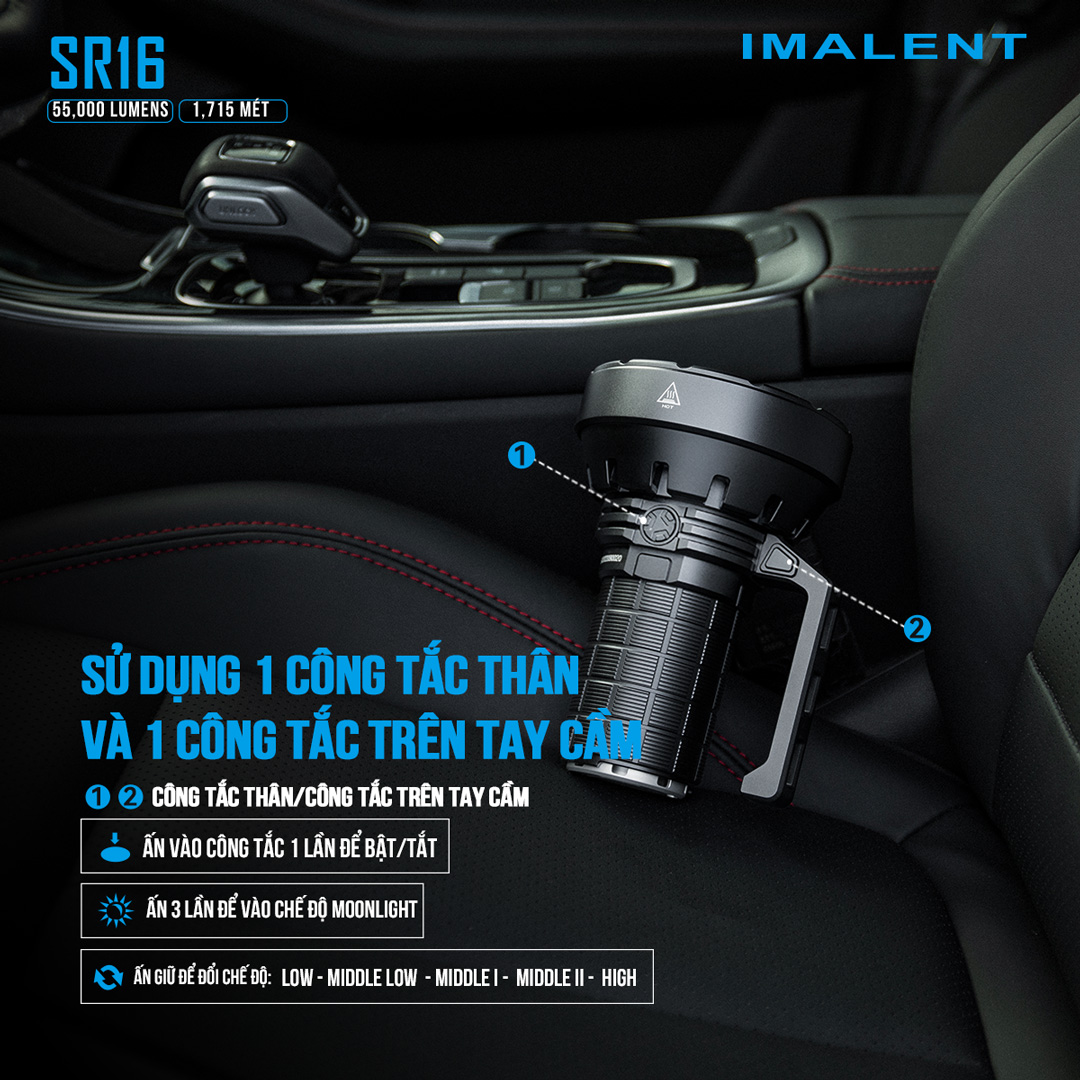 Đèn pin siêu sáng IMALENT SR16 sáng 55.000 lumen chiếu xa 1715m pack 4 pin 21700 tổng 16.000mAh sạc DC