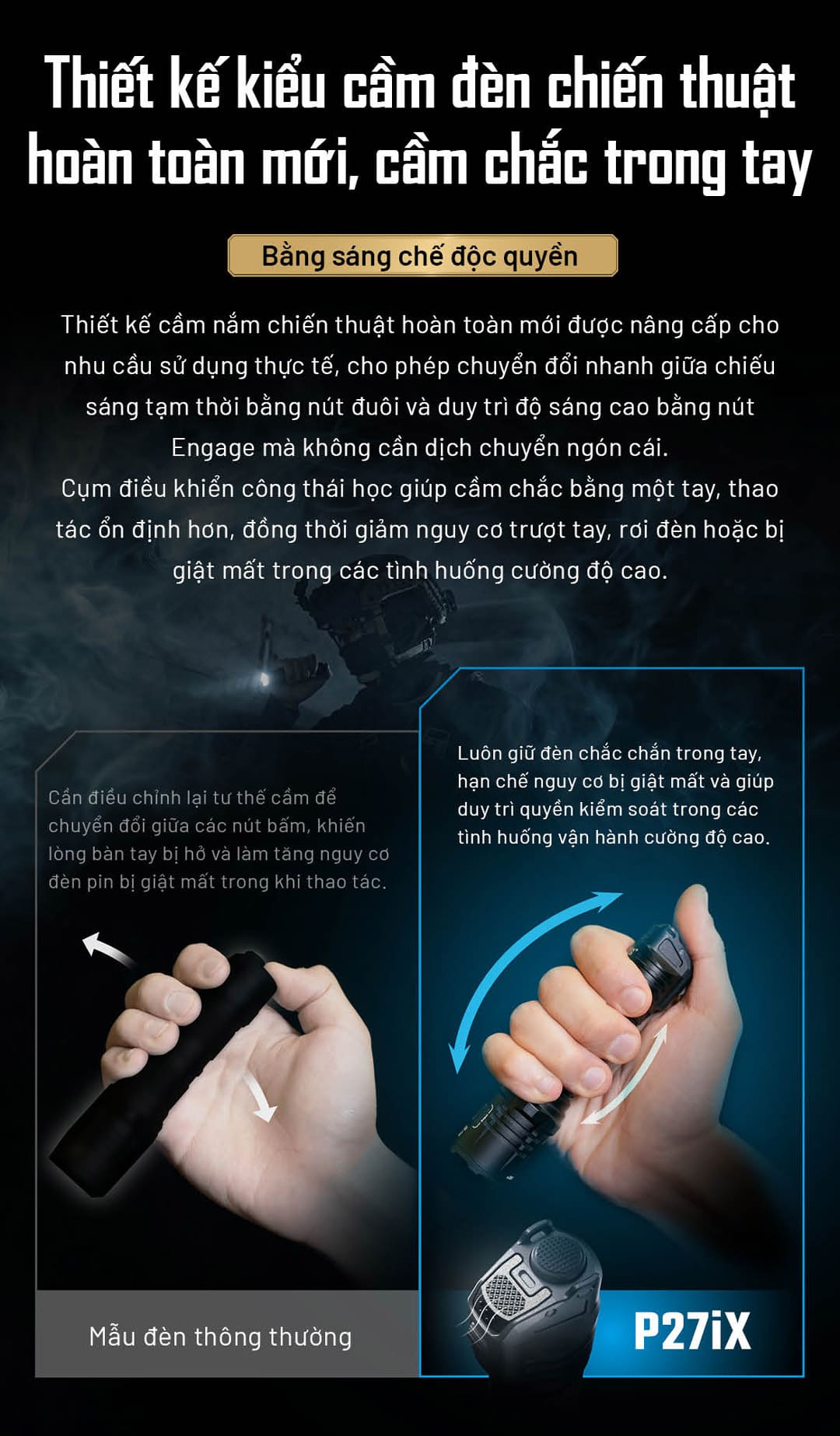 Công thái học cải tiến, giữ đèn ổn định, giảm nguy cơ trượt tay khi thao tác nhanh.