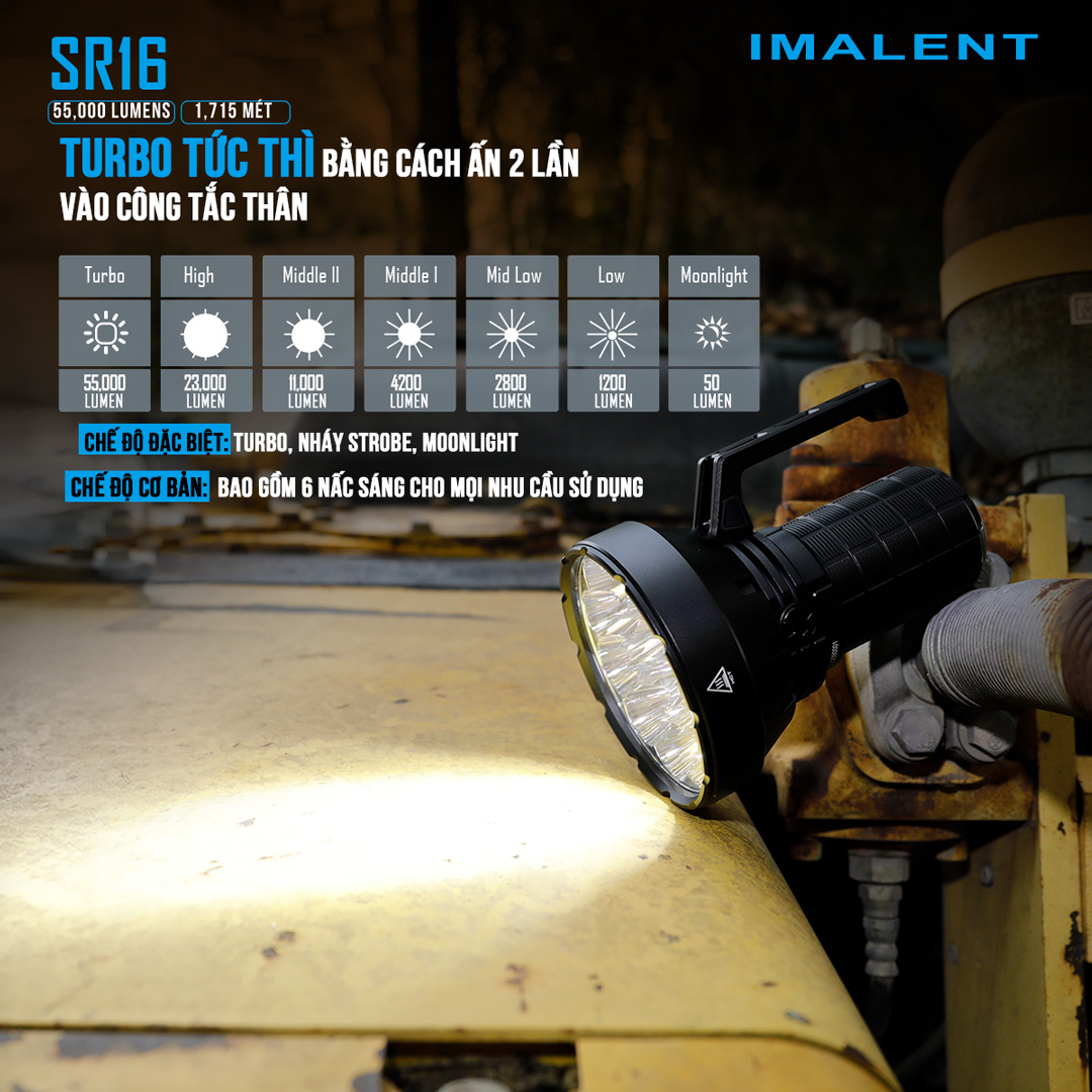 Đèn pin siêu sáng IMALENT SR16 sáng 55.000 lumen chiếu xa 1715m pack 4 pin 21700 tổng 16.000mAh sạc DC