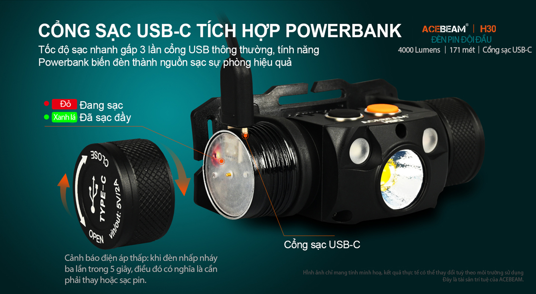 Đèn pin đội đầu ACEBEAM H30 độ sáng 4000 lumen sáng Trắng, 2 Led phụ sáng Đỏ, Xanh Lá, kèm pin 21700 5000mAh, cổng sạc USB-C Powerbank