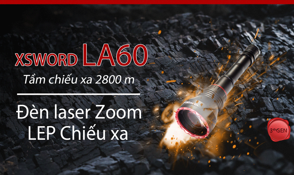 Đèn zoom laser trắng MAXTOCH LA60 tầm chiếu siêu xa 2800m độ sáng 500 lumen sử dụng 2 pin Li-ion 21700 5000 mAh kèm theo