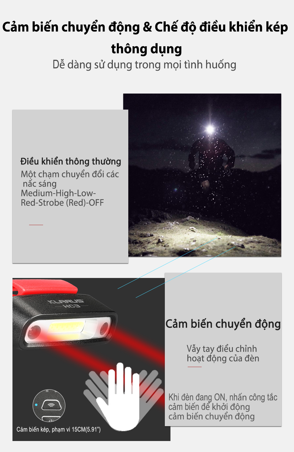 Đèn pin đội đầu KLARUS HC3 LED COB độ sáng 100 lumen chiếu xa 15m (pin liền)