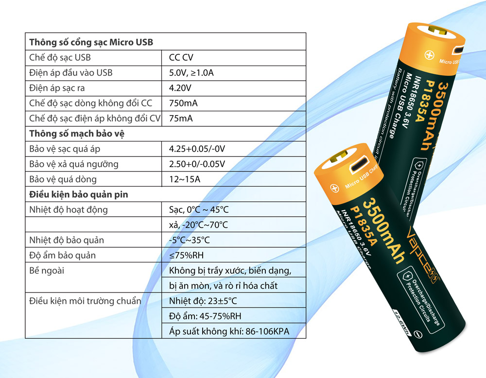Pin sạc VAPCELL P1835A dung lượng 3500mAh dòng xả 10A có bảo vệ sạc USB