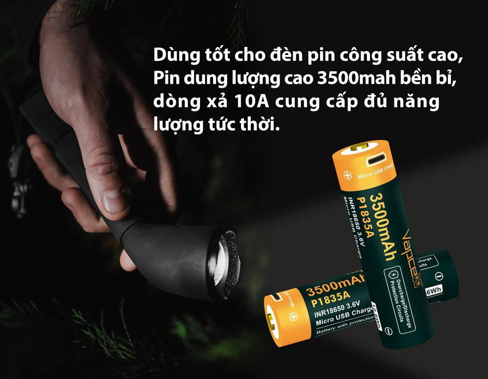 Pin sạc VAPCELL P1835A dung lượng 3500mAh dòng xả 10A có bảo vệ sạc USB
