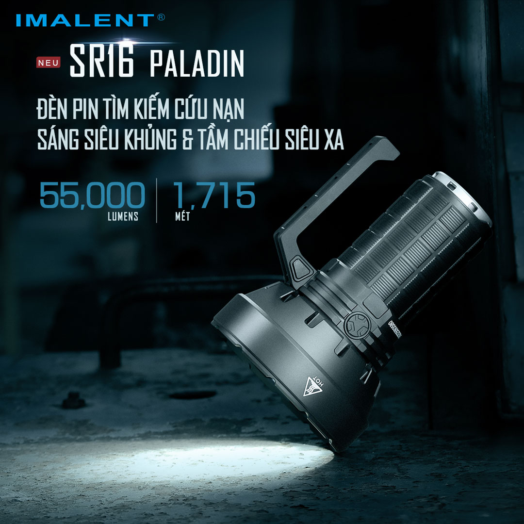 Đèn pin siêu sáng IMALENT SR16 sáng 55.000 lumen chiếu xa 1715m pack 4 pin 21700 tổng 16.000mAh sạc DC