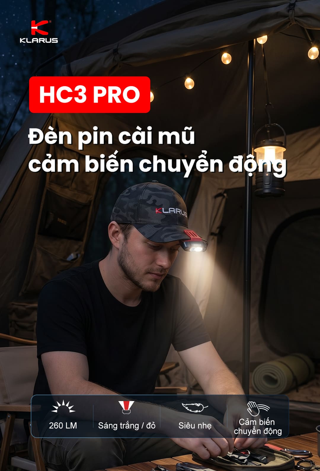 Đèn pin cài mũ KLARUS HC3 PRO 260 lumen, cảm biến vẫy tay, siêu nhẹ 40g.