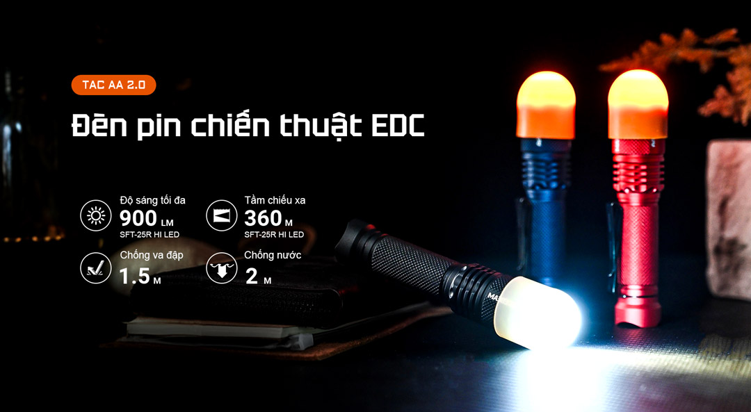 Đèn pin EDC công suất tối đa 900 lumen (LED SFT-25R HI), chiếu xa 360m, chống nước 2m và chống va đập 1.5m, thiết kế nhỏ gọn mang theo hàng ngày.