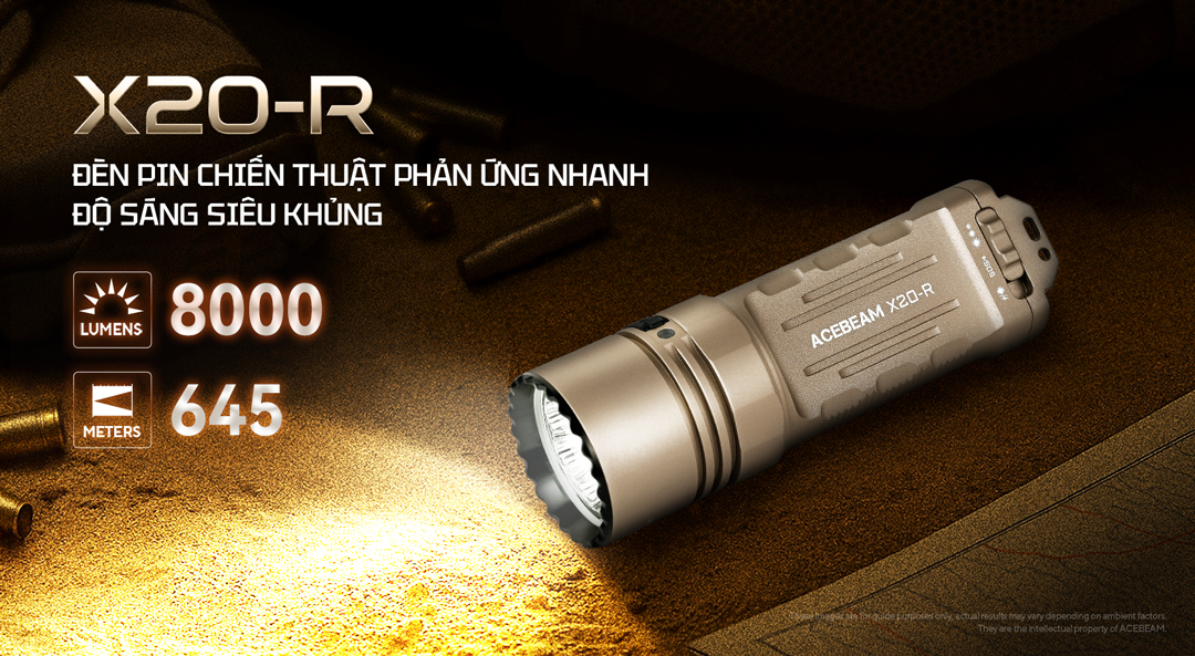 Đèn pin chiến thuật Acebeam X20-R màu vàng cát, độ sáng 8000 lumens và tầm chiếu xa 645 mét.