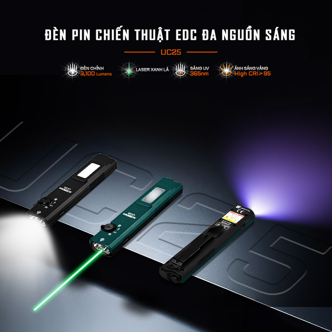 ACEBEAM UC25 – Đèn pin EDC chiến thuật đa nguồn sáng 3.100 lumen (Trắng · Laser · UV · High CRI)