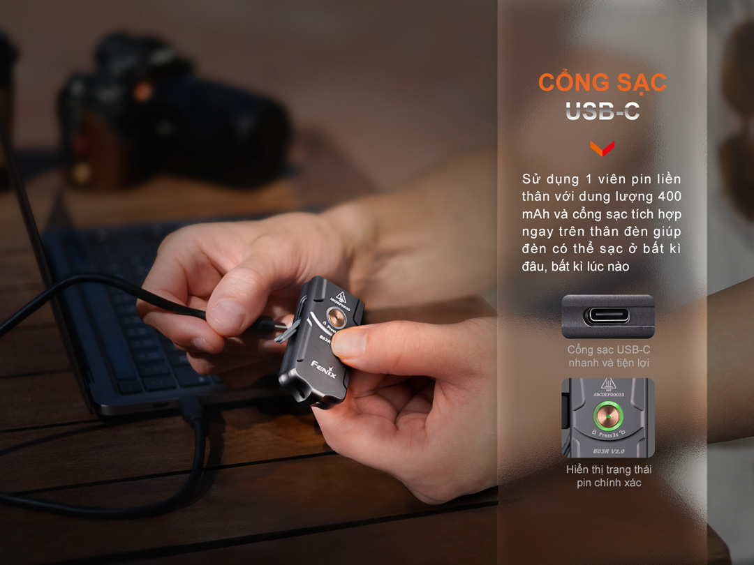 Đèn pin móc khóa FENIX E03R v2 sáng 500lm chiếu xa 90m sạc USB C