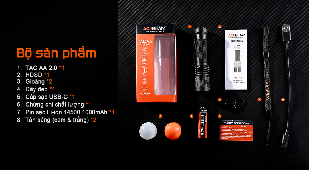 Bao gồm thân đèn TAC AA 2.0, pin 14500 1000mAh, cáp sạc USB-C, dây đeo, gioăng dự phòng, tài liệu hướng dẫn và tán sáng cam/trắng.