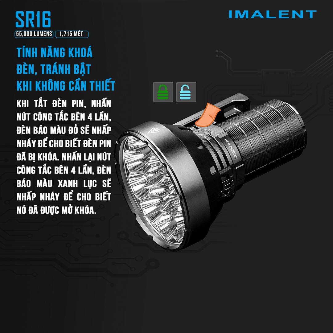 Đèn pin siêu sáng IMALENT SR16 sáng 55.000 lumen chiếu xa 1715m pack 4 pin 21700 tổng 16.000mAh sạc DC