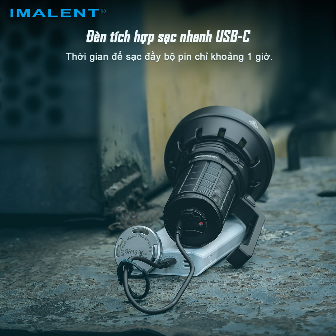 Đèn pin siêu sáng IMALENT SR16 sáng 55.000 lumen chiếu xa 1715m pack 4 pin 21700 tổng 16.000mAh sạc DC