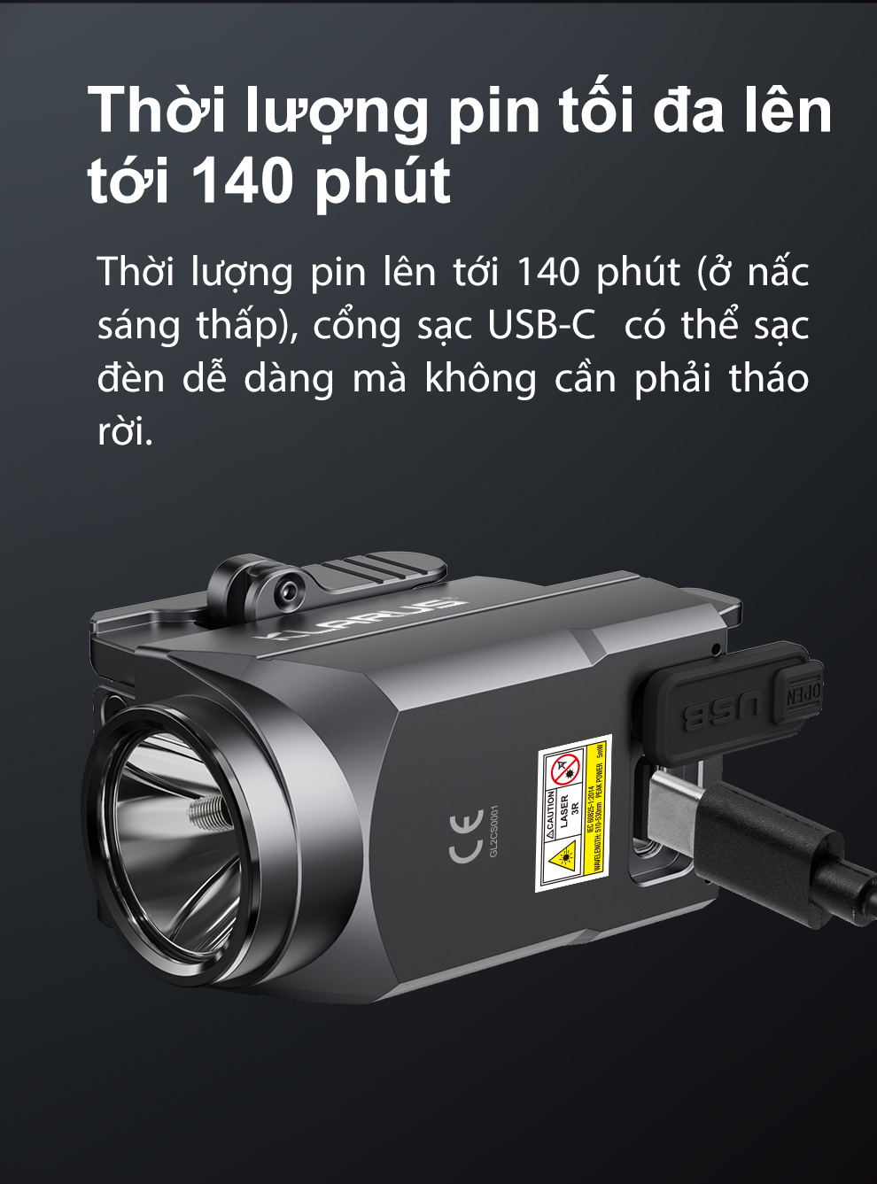 Đèn pin đặc chủng KLARUS GL2 sáng 1000 lumen tích hợp laser xanh lá pin 400mAh