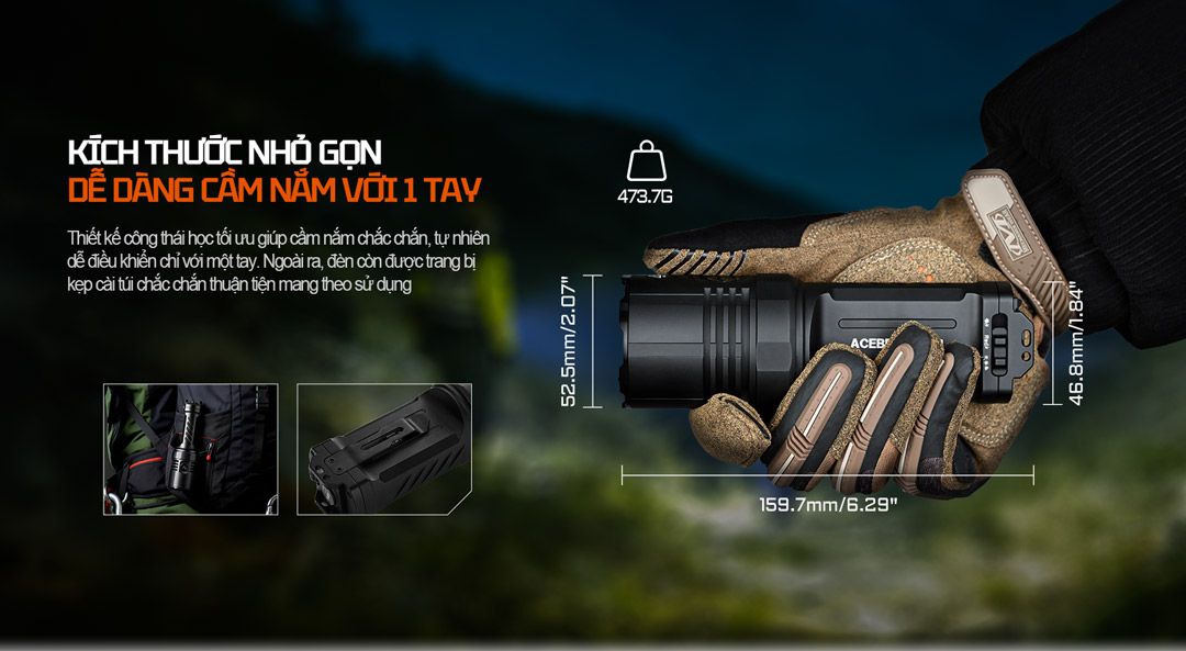 Chiều dài 159.7mm, đường kính đầu 52.5mm, trọng lượng khoảng 473g. Thiết kế công thái học giúp cầm nắm chắc chắn và điều khiển dễ dàng bằng một tay.