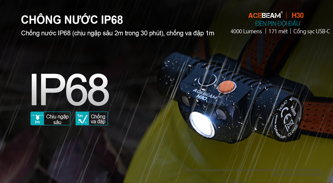 Đèn pin đội đầu ACEBEAM H30 độ sáng 4000 lumen sáng Trắng, 2 Led phụ sáng Đỏ, Xanh Lá, kèm pin 21700 5000mAh, cổng sạc USB-C Powerbank