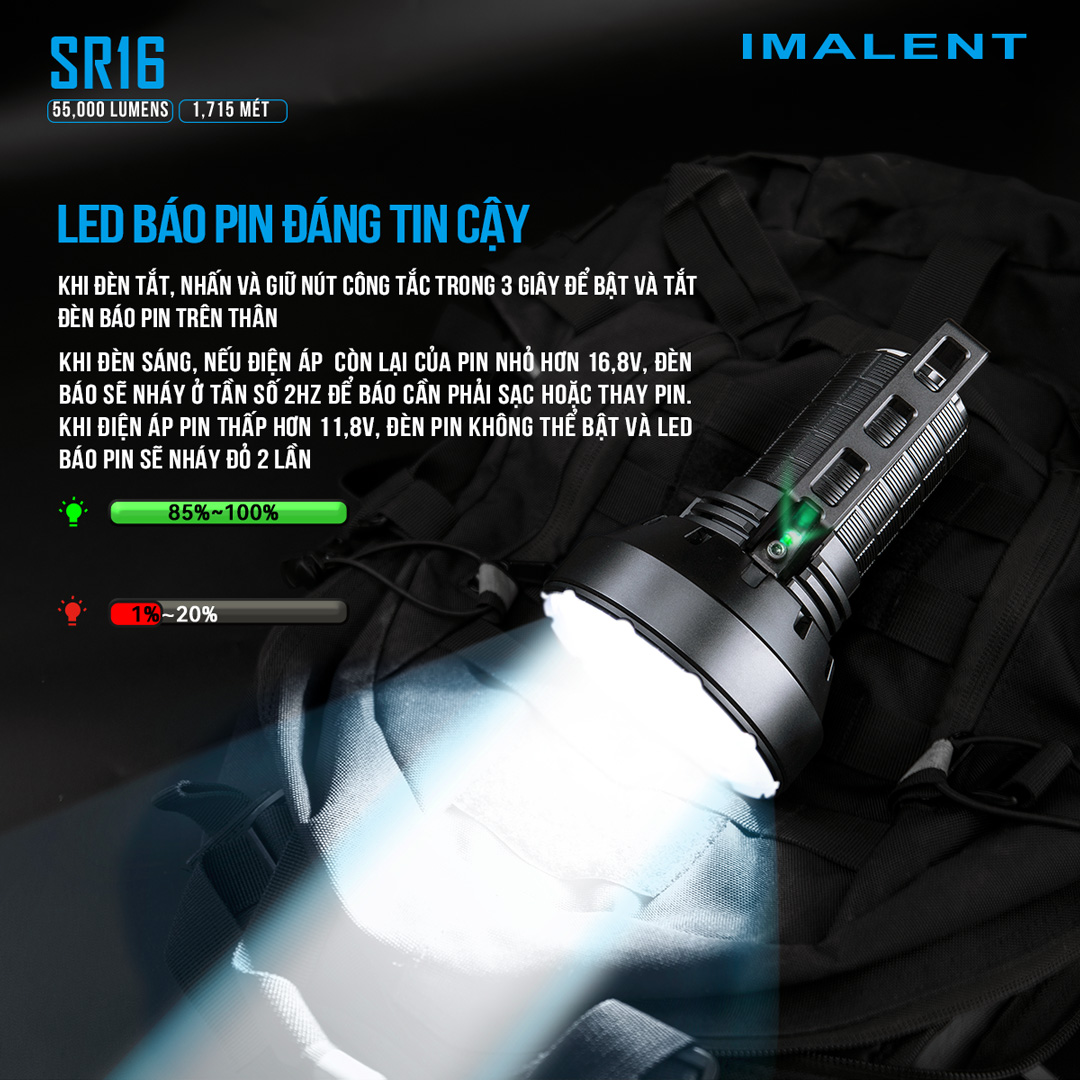 Đèn pin siêu sáng IMALENT SR16 sáng 55.000 lumen chiếu xa 1715m pack 4 pin 21700 tổng 16.000mAh sạc DC