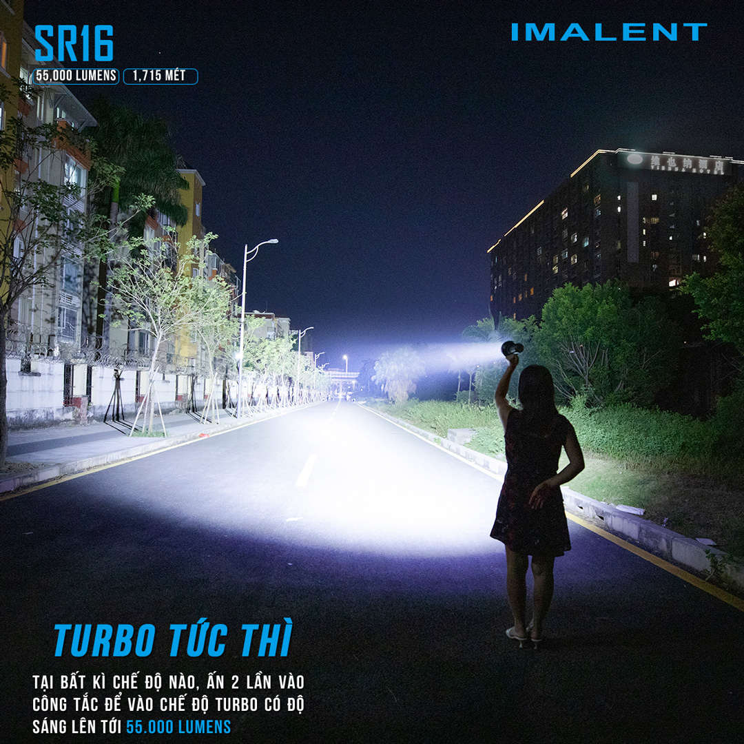 Đèn pin siêu sáng IMALENT SR16 sáng 55.000 lumen chiếu xa 1715m pack 4 pin 21700 tổng 16.000mAh sạc DC