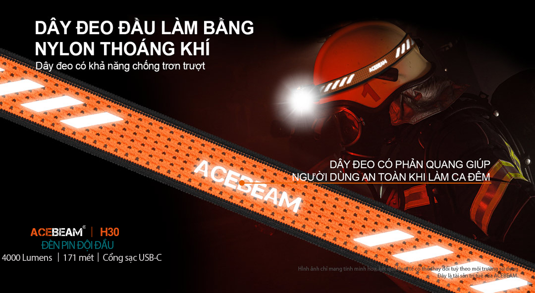 Đèn pin đội đầu ACEBEAM H30 độ sáng 4000 lumen sáng Trắng, 2 Led phụ sáng Đỏ, Xanh Lá, kèm pin 21700 5000mAh, cổng sạc USB-C Powerbank