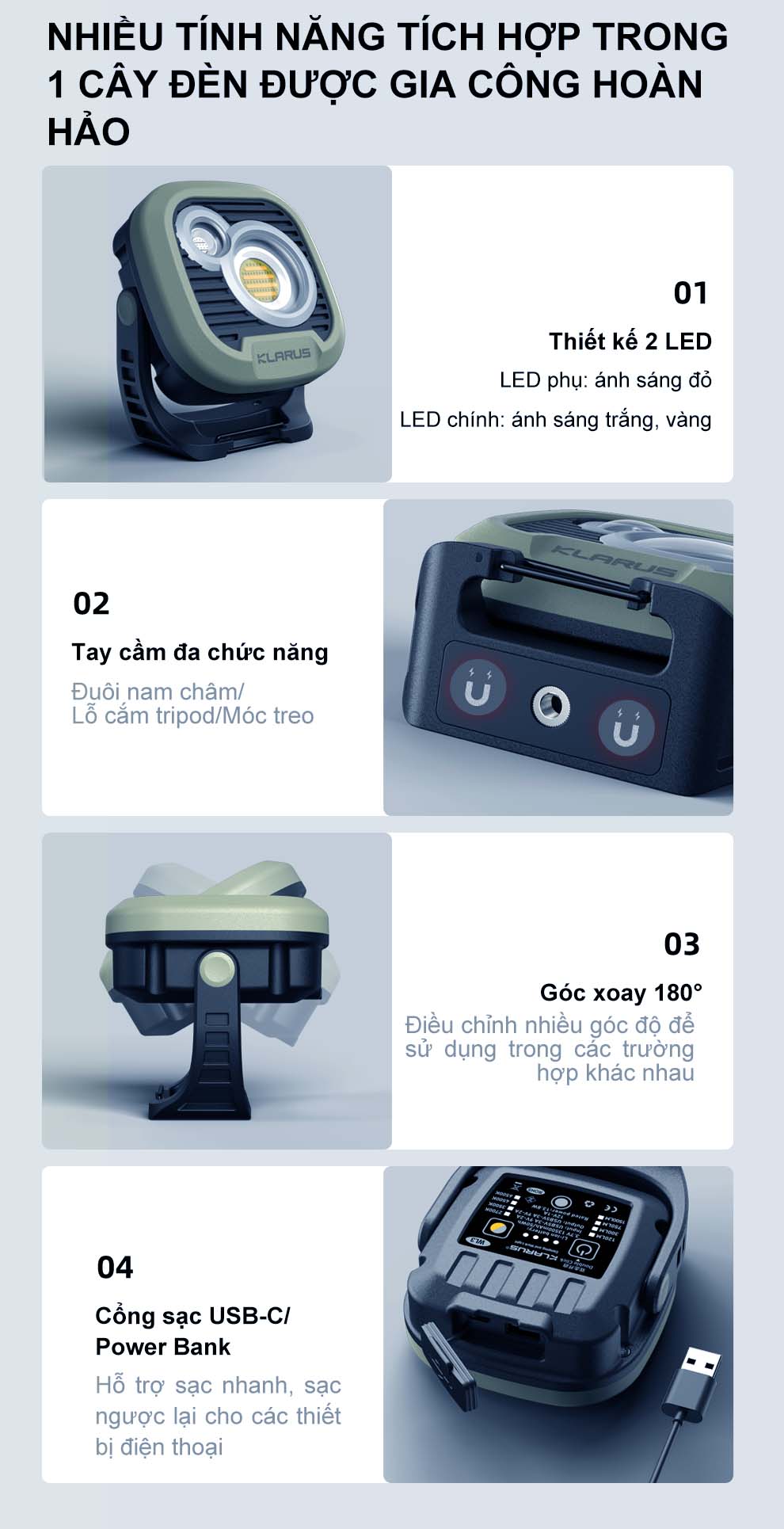 Đèn pin cắm trại KLARUS WL3 sáng 1500 lumen pin liền thân 13.500mAh sạc USB-C chức năng powerbank