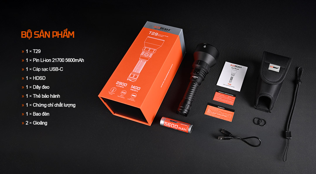 Đèn Pin Chiếu Xa ACEBEAM T29 – Sáng 2900 Lm Chiếu xa 1400m, Pin sạc 5600mAh