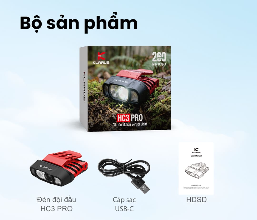 Đèn pin KLARUS HC3 PRO đi kèm dây đeo đầu, cáp USB-C và hướng dẫn sử dụng.
