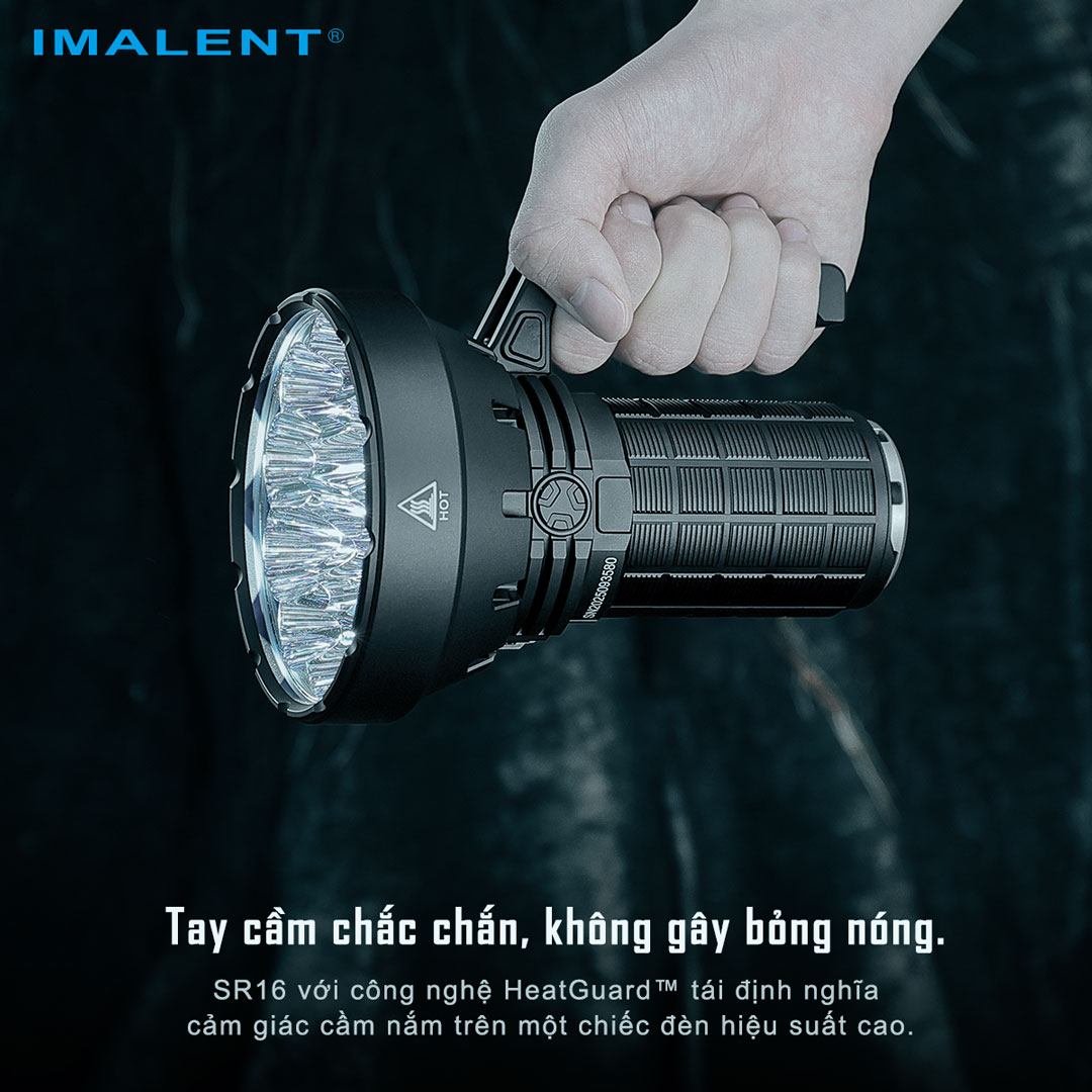 Đèn pin siêu sáng IMALENT SR16 sáng 55.000 lumen chiếu xa 1715m pack 4 pin 21700 tổng 16.000mAh sạc DC
