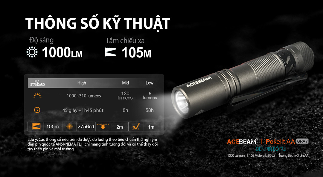Đèn pin ACEBEAM POKELIT AA độ sáng 1000lm chiếu xa 105m pin 14500 ánh sáng trắng