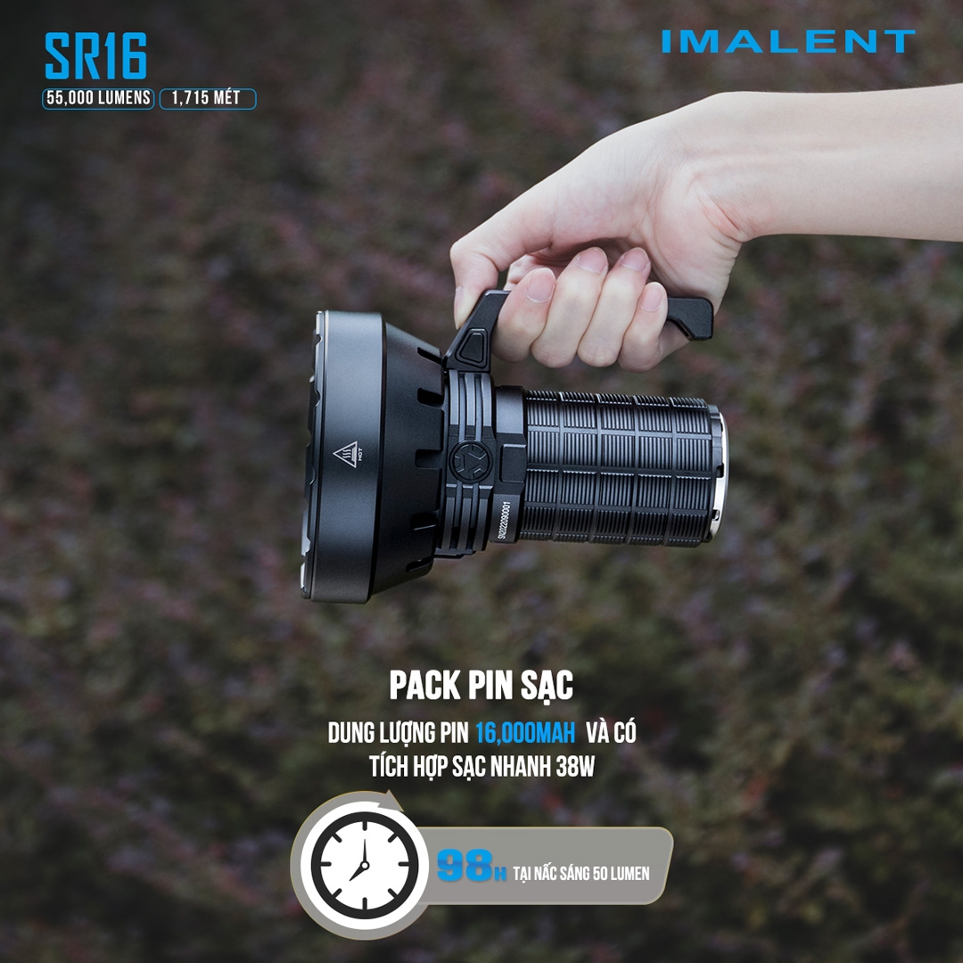 Đèn pin siêu sáng IMALENT SR16 sáng 55.000 lumen chiếu xa 1715m pack 4 pin 21700 tổng 16.000mAh sạc DC