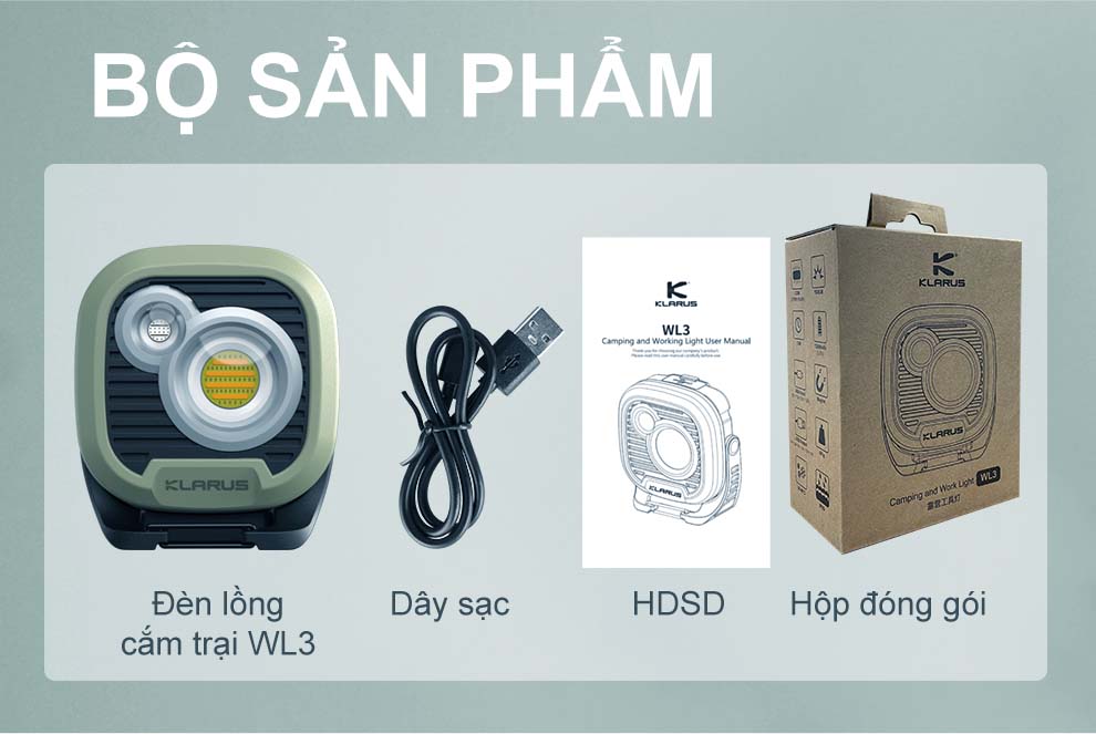 Đèn pin cắm trại KLARUS WL3 sáng 1500 lumen pin liền thân 13.500mAh sạc USB-C chức năng powerbank