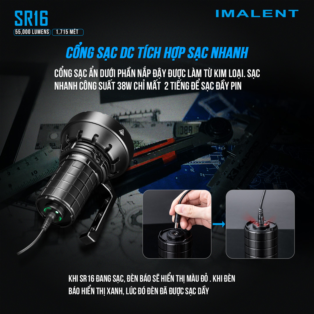 Đèn pin siêu sáng IMALENT SR16 sáng 55.000 lumen chiếu xa 1715m pack 4 pin 21700 tổng 16.000mAh sạc DC