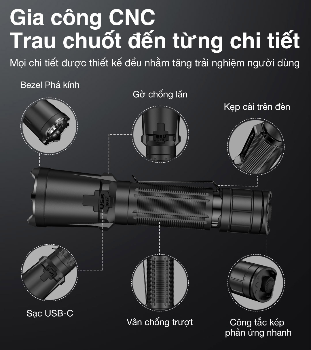 Đèn gia công CNC chính xác, hoàn thiện từng chi tiết: bezel phá kính, gờ chống lăn, kẹp cài, sạc USB-C, vân chống trượt, công tắc kép. Tối ưu trải nghiệm người dùng