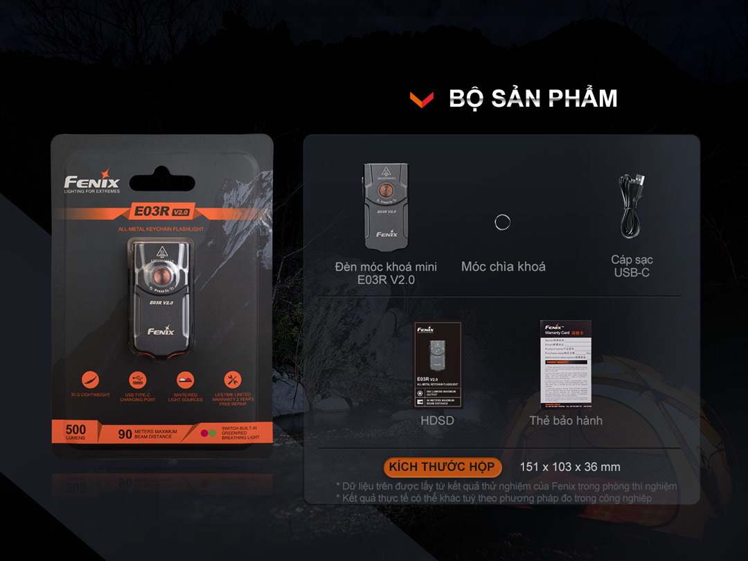 Đèn pin móc khóa FENIX E03R v2 sáng 500lm chiếu xa 90m sạc USB C