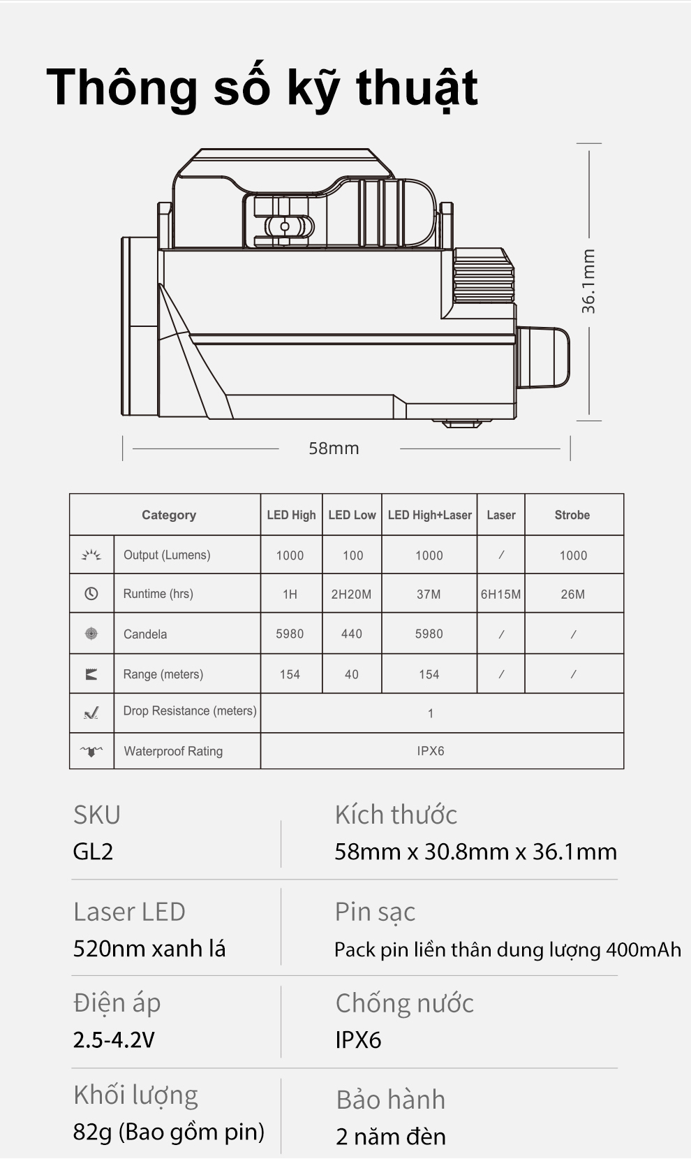 Đèn pin đặc chủng KLARUS GL2 sáng 1000 lumen tích hợp laser xanh lá pin 400mAh