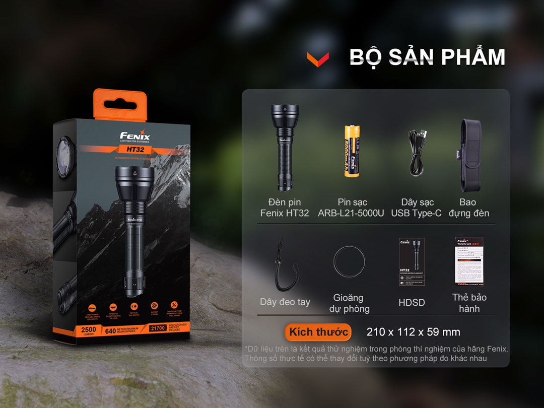 Đèn pin phản ứng nhanh FENIX HT32 sáng 2500 lumen chiếu xa 640m pin sạc 21700 5000mAh kèm theo
