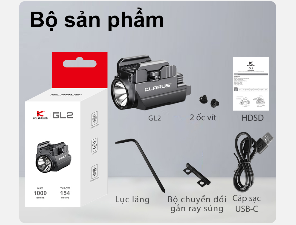 Đèn pin đặc chủng KLARUS GL2 sáng 1000 lumen tích hợp laser xanh lá pin 400mAh