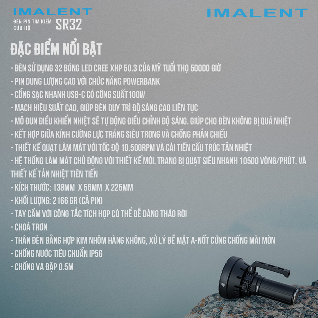 Đèn pin IMALENT SR32 sáng 120.000lm chiếu xa 2.080m 32 LED XHP50.3 sạc USB-C kiêm Powerbank