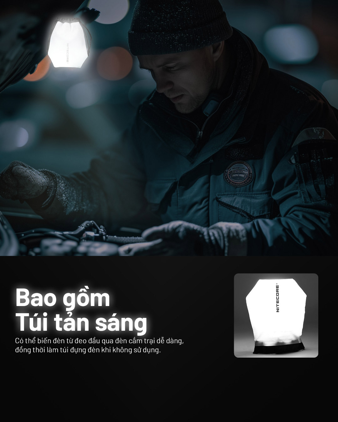Trong bộ bao gồm túi tản sáng, giúp đựng đèn hoặc chuyển thành đèn cắm trại khi cần thiết