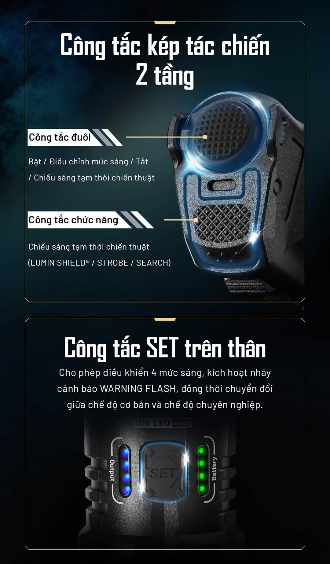 Công tắc đuôi và công tắc chức năng 2 tầng, thao tác một tay linh hoạt.