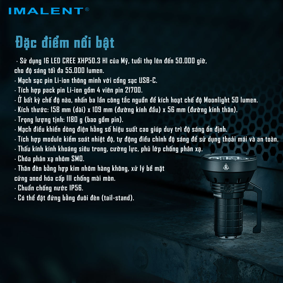 Đèn pin siêu sáng IMALENT SR16 sáng 55.000 lumen chiếu xa 1715m pack 4 pin 21700 tổng 16.000mAh sạc DC