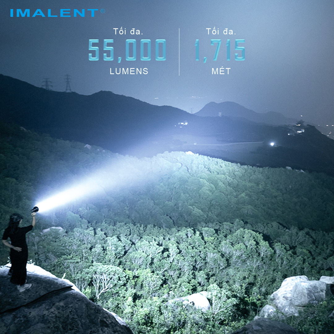 Đèn pin siêu sáng IMALENT SR16 sáng 55.000 lumen chiếu xa 1715m pack 4 pin 21700 tổng 16.000mAh sạc DC