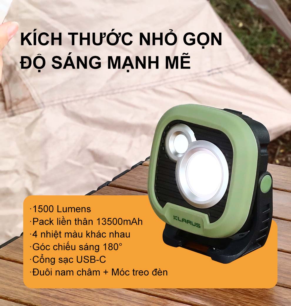 Đèn pin cắm trại KLARUS WL3 sáng 1500 lumen pin liền thân 13.500mAh sạc USB-C chức năng powerbank