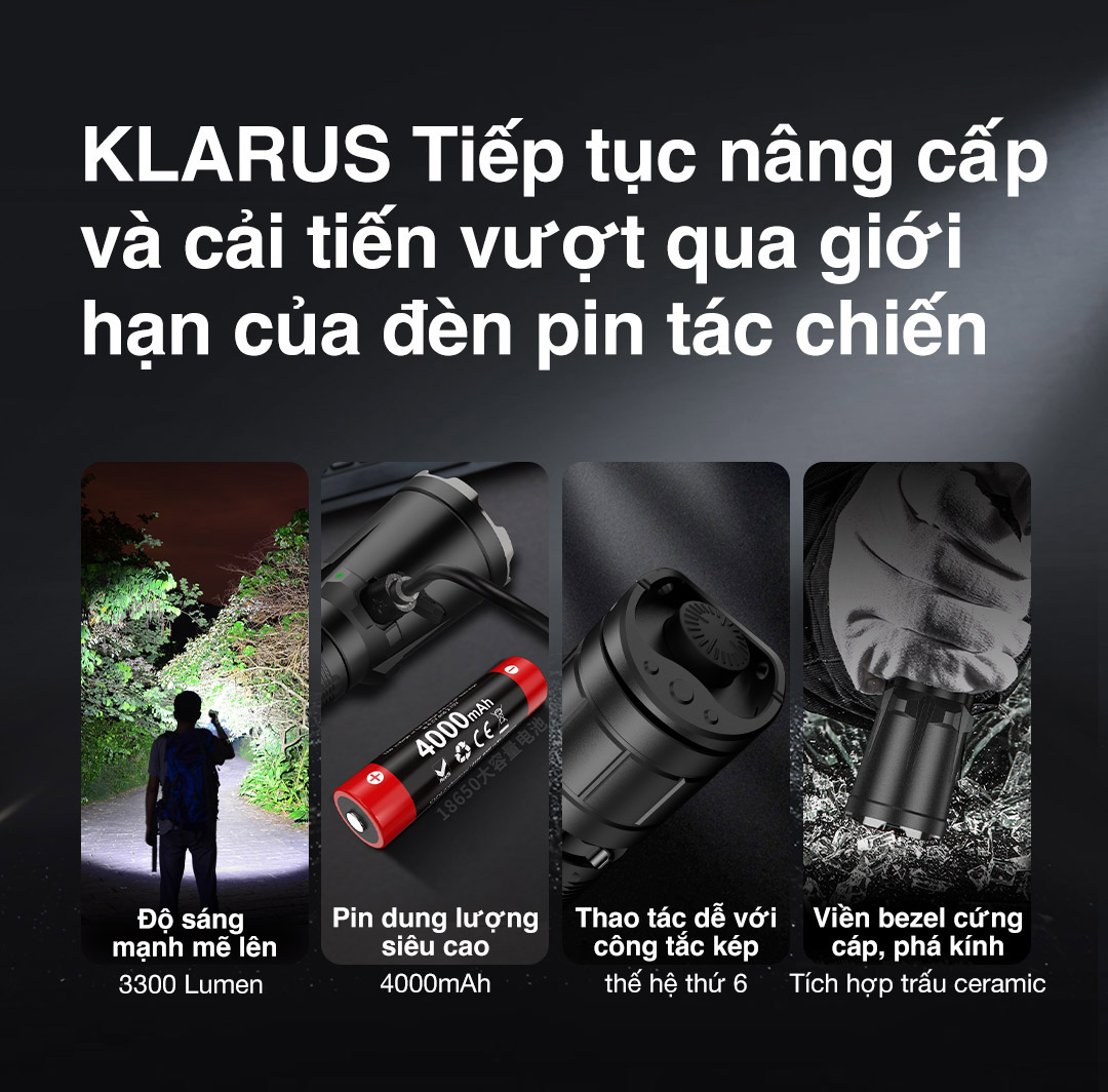 Klarus nâng cấp đèn tác chiến với độ sáng 3300 lumen, pin 4000mAh, công tắc kép thế hệ 6, đầu bezel ceramic phá kính. Cải tiến toàn diện về hiệu năng và độ bền