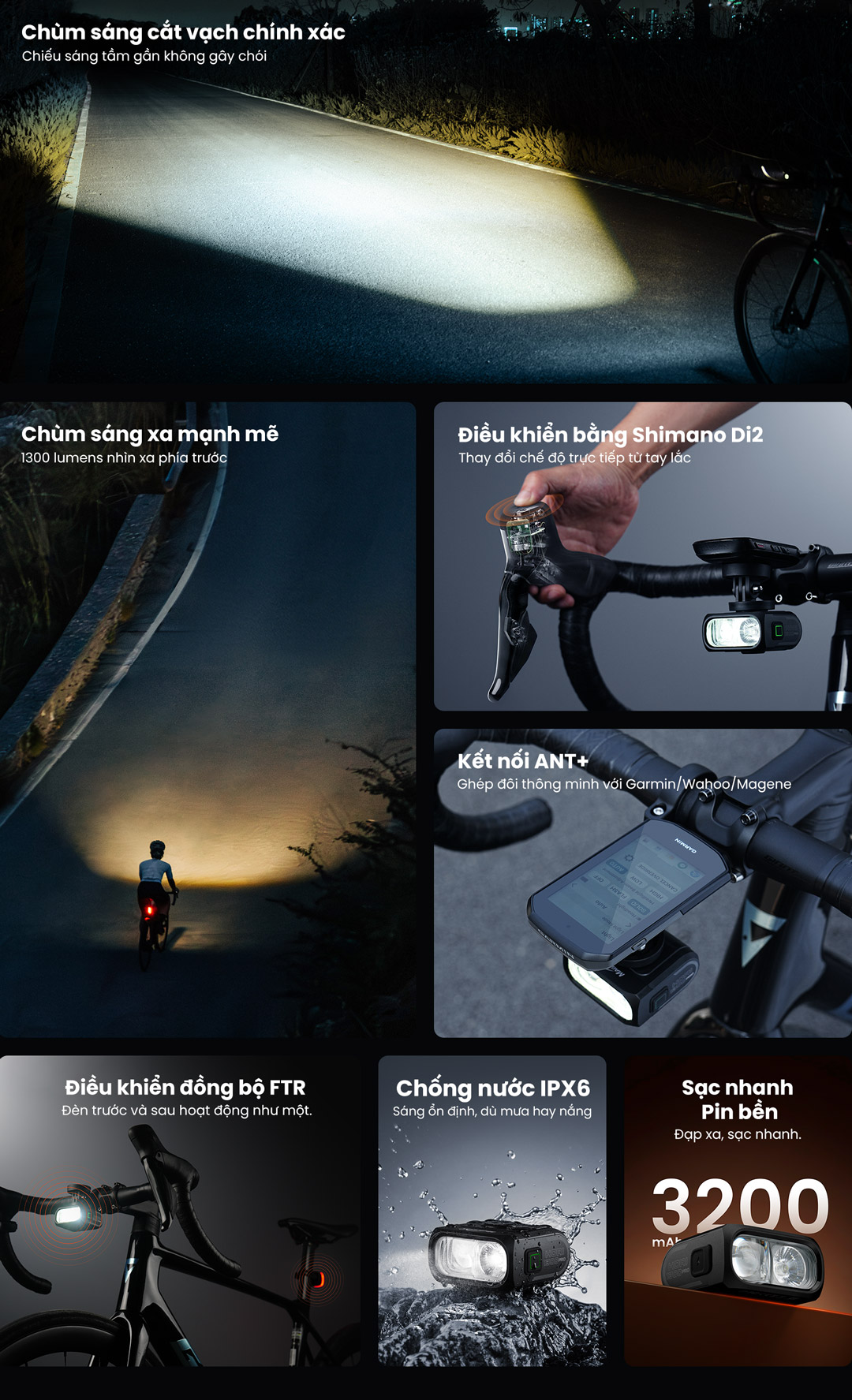 Hệ quang học kép gồm cos chống chói và pha 1300 lumen chiếu xa 205m, hỗ trợ Shimano Di2, ANT+, FTR LightSync, pin 3200mAh