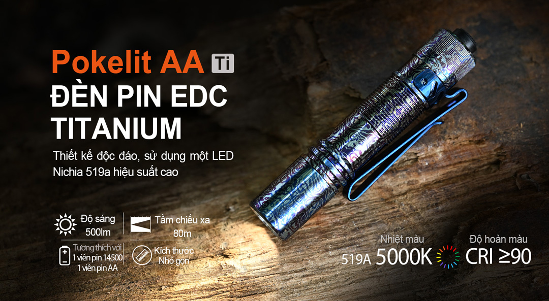 Đèn pin mini ACEBEAM POKELIT AA Titanium sáng 500 lumen chiếu xa 80m